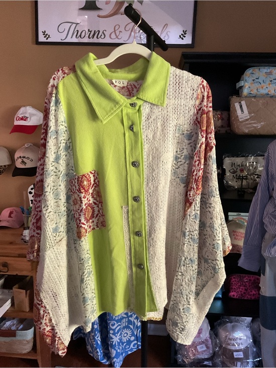 POL Tops - POL Lime Green and Floral Mixed-Media Button-Up